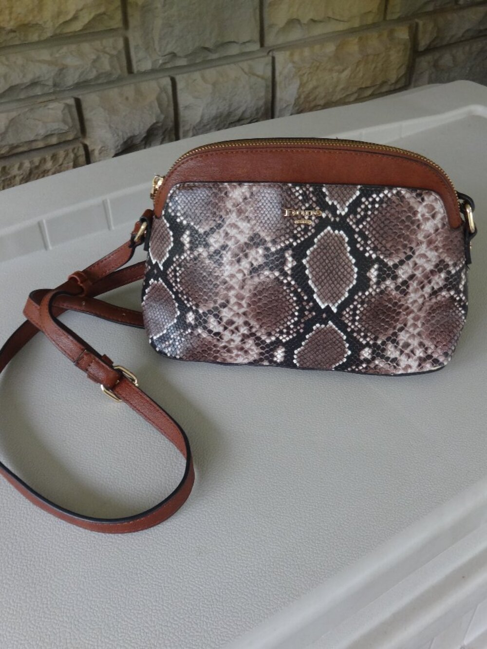 Dune London, faux snakeskin cross body purse, brown, black, white,zipper top VGC